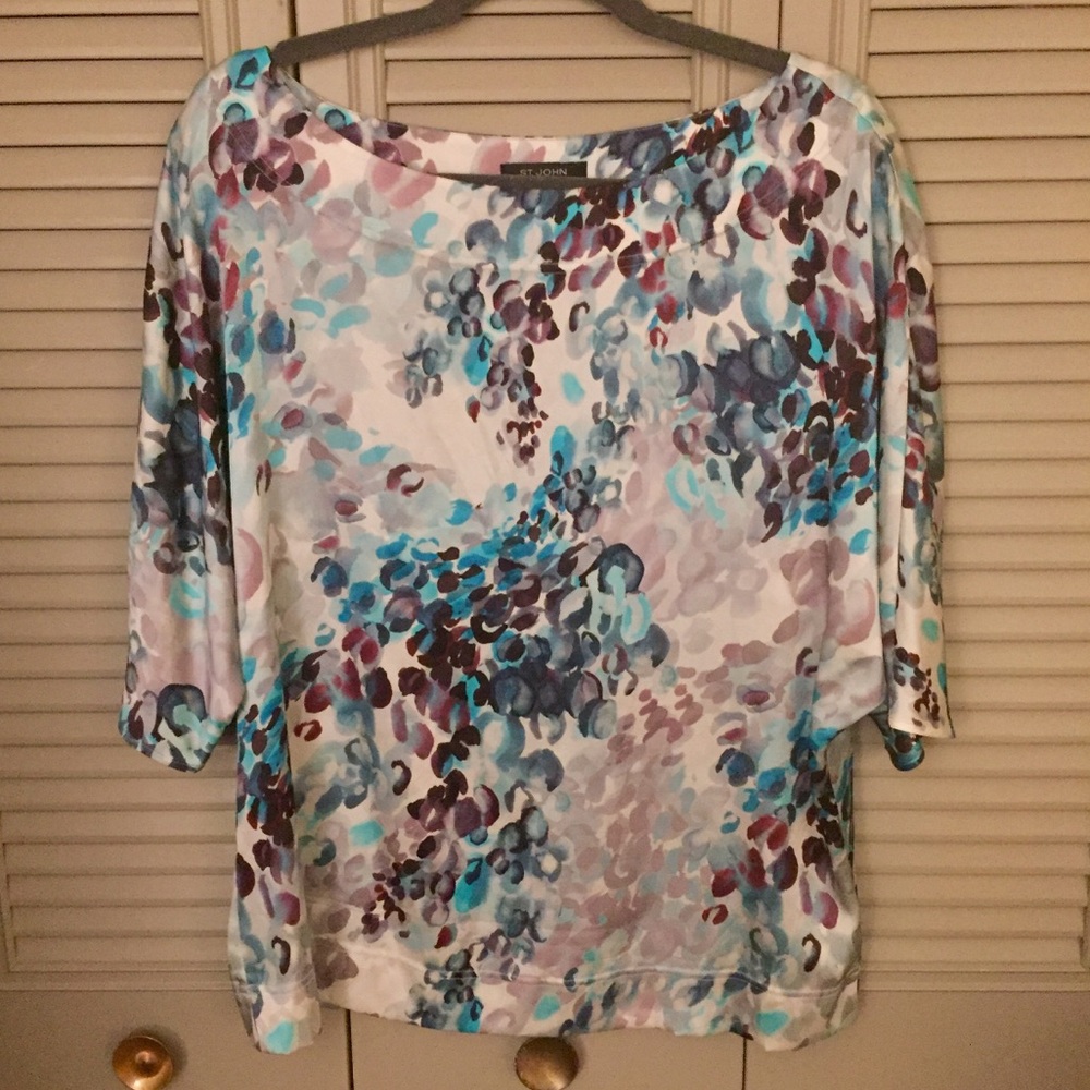 St. John Silk Charmeuse Dolman Sleeve Print Blouse